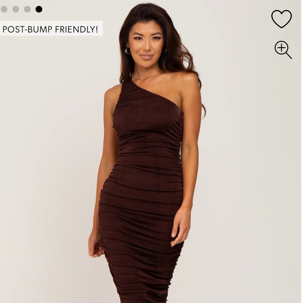 One shoulder, ruched, midi length maternity dress